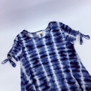 Bobbie Brooks Ladies Tie Dye Tunic Dress Blue White Short Sleeve Knot Accent M